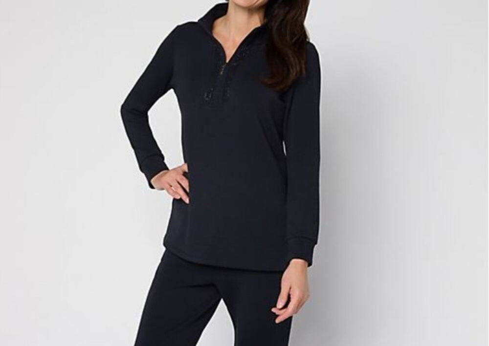 Belle Kim Gravel Size 1X Black Scubaluxe Sparkle Half Zip Tunic A710225 NWOT